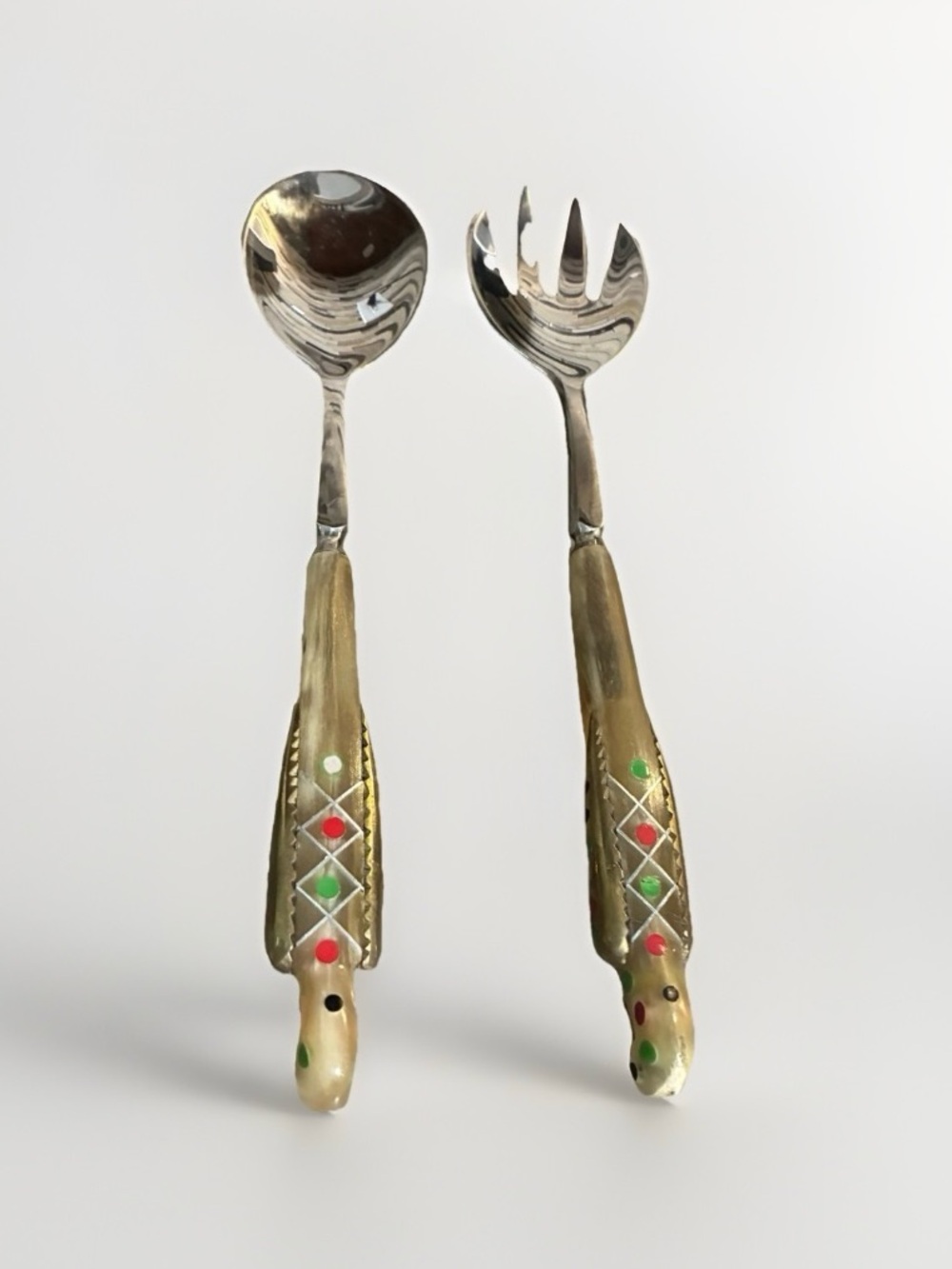 Vintage Gold-Tone Decorative Salad Serving Set with Color Accent Handles